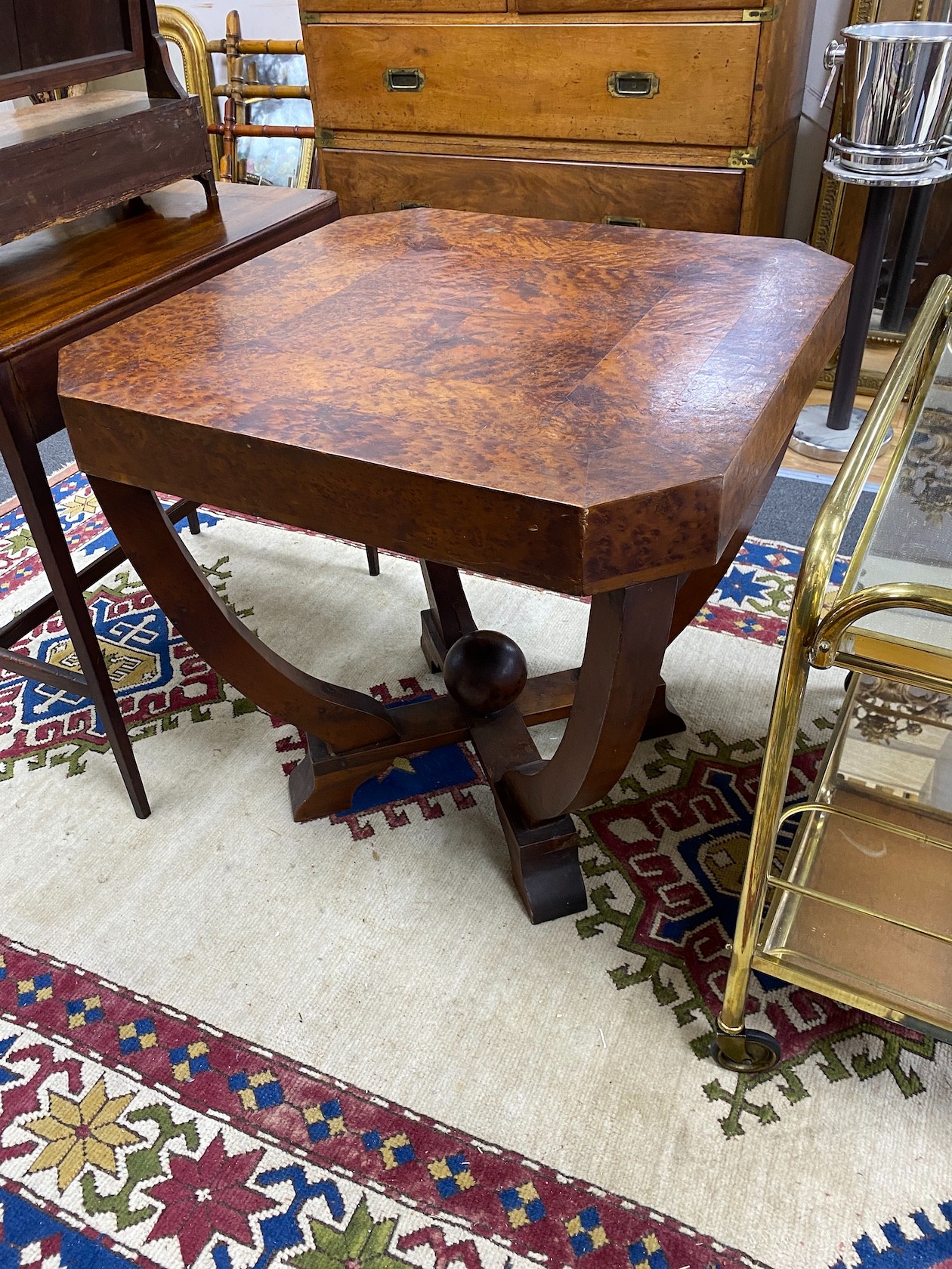 An Art Deco style octagonal thuya wood centre table, width 71cm, height 69cm.